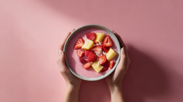 134. plant-based smoothie bowl top view, vibrant fruits, cool modern vibe, golden hour tone, clean background for typography, ideal for online ads
