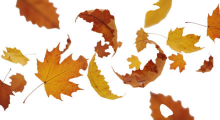 Falling autumn leaves isolated on transparent background, a vibrant display of seasonal change and natural beauty