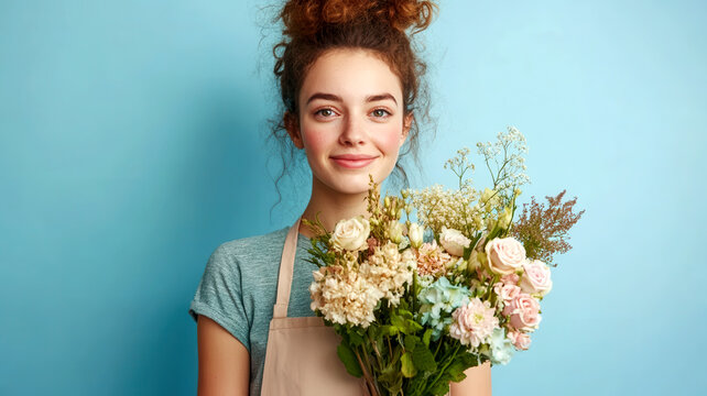 Woman florist in apron with curly hair , holds out a bouquet of fresh flowers, mint clean studio background with copy space. Banner for small floristic business. - Powered by Adobe