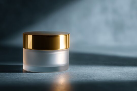 297. cosmetic jar with golden accents and soft glow, modern vibe, dramatic key light, balanced rule of thirds, ideal for commercial use