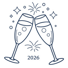 Toasting glasses with sparkling fireworks and the year 2026 in a celebratory new year scene design