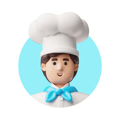 Chef cook man wearing restaurant uniform with hat 3D vector avatar, cartoon professional cook, kitchen staff round frame