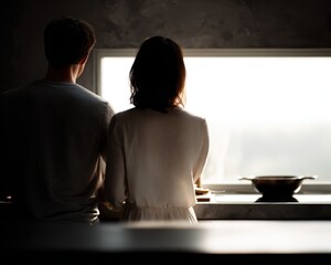 194. couple cooking together in a modern kitchen, cool modern vibe, natural window light, minimal composition, generic props only