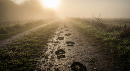 Mysterious footprints on a muddy road leading forward and representing a journey into the misty morning fog