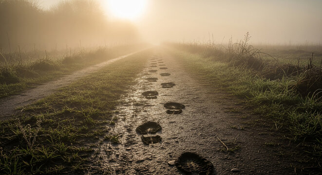 Mysterious footprints on a muddy road leading forward and representing a journey into the misty morning fog - Powered by Adobe