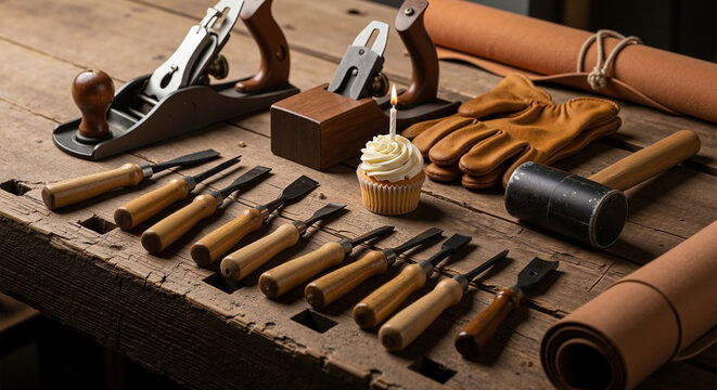 
Carpenter's tools and a birthday cupcake with a lit candle representing a craftsman's celebration on a rustic workbench