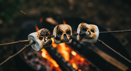 Halloween skull marshmallows roasting and representing a spooky treat over an autumn campfire
