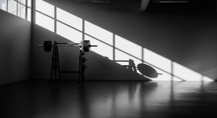 Barbell and weight plates casting dramatic shadows, black and grey, representing a powerful workout in a gym  