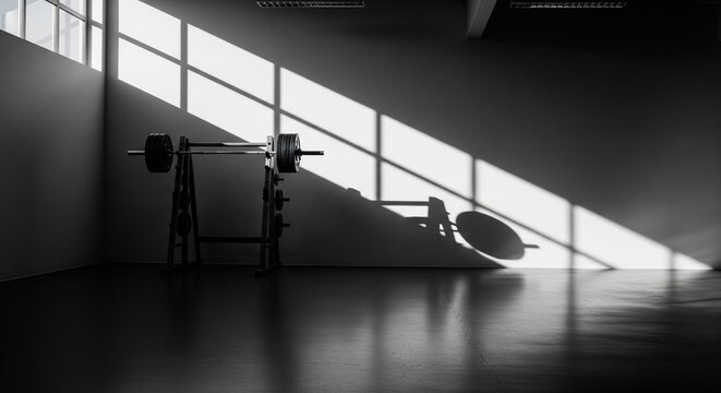 Barbell and weight plates casting dramatic shadows, black and grey, representing a powerful workout in a gym