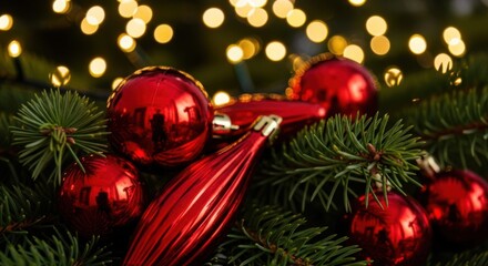 Festive Red Ornaments Adorn a Green Christmas Tree Background with Bokeh Lights