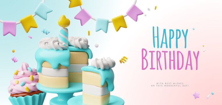 Happy Birthday 3D cartoon festive vector plastic style banner design, Birthday cake with burning candle with best wishes