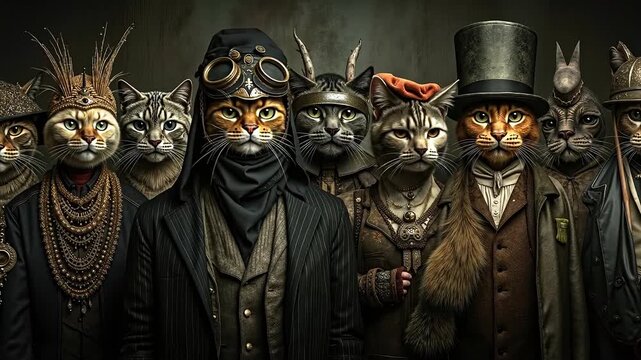 A group of cats dressed up in steampunk clothing and hats