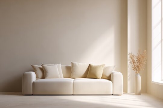 444. living room with minimalist furniture and natural light, calm atmosphere, golden hour tone, ample space for text on the right, brand-safe, no logos