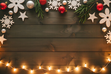 Festive christmas border with snowflakes ornaments and twinkling lights on a dark wooden background