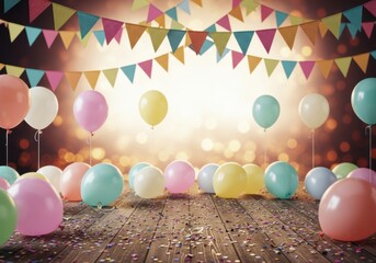 Festive birthday party scene with colorful balloons and bunting flags, with bokeh lights and confetti on a wooden floor