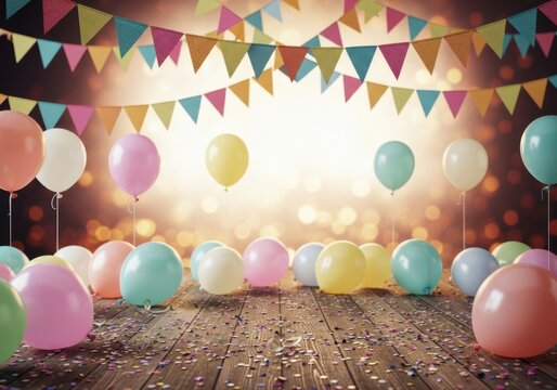 Festive birthday party scene with colorful balloons and bunting flags, with bokeh lights and confetti on a wooden floor