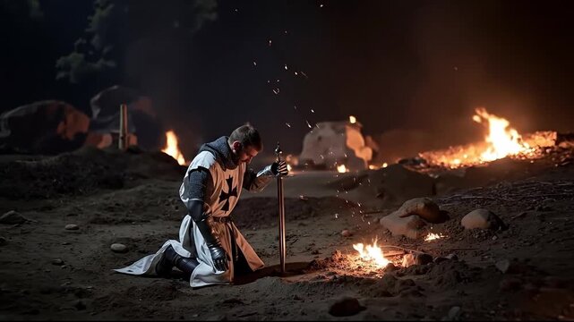 A man kneeling down next to a fire with a sword