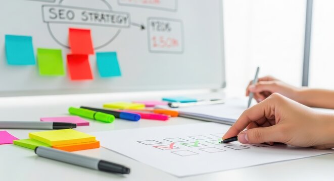 Seo strategy planning and brainstorming with colorful sticky notes and markers on a whiteboard and paper