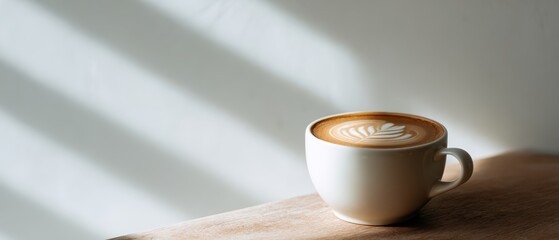 20. coffee cup with latte art on clean wooden table, clean aesthetic, natural window light, minimal composition, generic props only