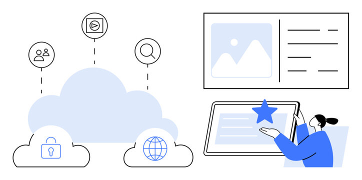Cloud computing with lock, globe, icons, tablet with star, user pointing. Ideal for data sharing, analytics, online security, teamwork cloud services digital storage simple flat metaphor - Powered by Adobe