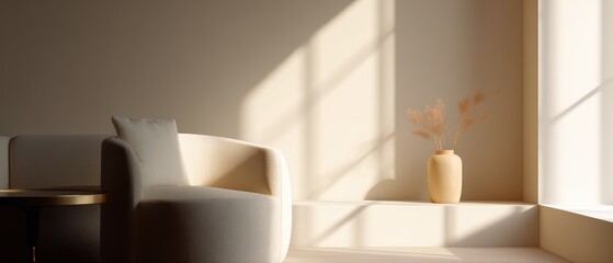 246. living room with minimalist furniture and natural light, cool modern vibe, golden hour tone, minimal composition, generic props only