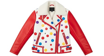 Polka dot jacket with red sleeves and faux fur collar