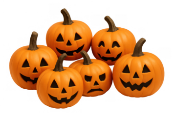 Carved halloween pumpkins displaying various facial expressions, smiling and angry pumpkins on transparent background