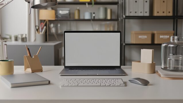Close-up of a neat home office with a clean unbranded desk setup on a light backdrop