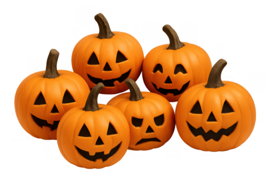 Carved halloween pumpkins displaying various facial expressions, smiling and angry pumpkins on transparent background