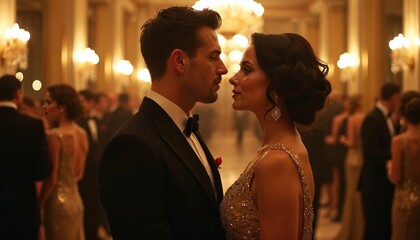 Elegant young couple intimately gazes in grand ballroom. Man in black tuxedo, woman in sparkling golden dress, share romantic moment at luxurious evening party. Guests socialize in opulent, vintage