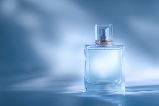 499. perfume bottle with glass reflections and soft shadows, modern vibe, controlled studio lighting, clean background for typography, generic props only