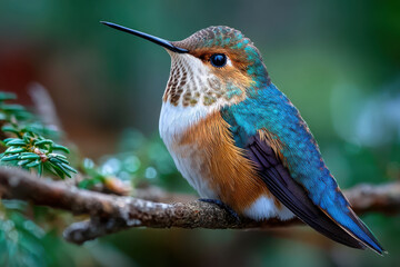 Fototapeta premium Hummingbird Perched on Branch in Green Forest