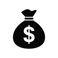 A simple black icon of a money bag with a dollar sign is depicted on a white background.