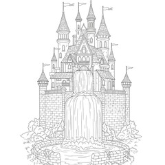 A majestic castle with a waterfall in the foreground, surrounded by lush greenery and towers