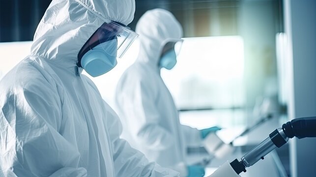 Specialist in hazmat suits cleaning disinfecting, epidemic concept, pandemic health risk