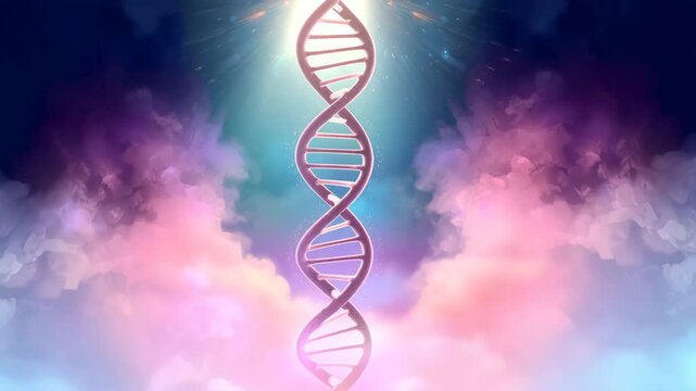 A luminous dna double helix floating in a surreal sky with colorful clouds and light rays - Powered by Adobe