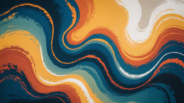 Abstract colorful fluid art background with swirling paint textures in blue, orange, yellow, and white, creating a vibrant and dynamic visual for modern designs