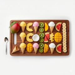 Colorful fruit platter with ice cream cones and tropical fruits on wooden board top view summer dessert