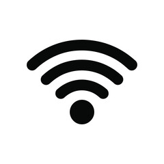 A black and white graphic illustration of a Wi-Fi symbol on a plain white background.