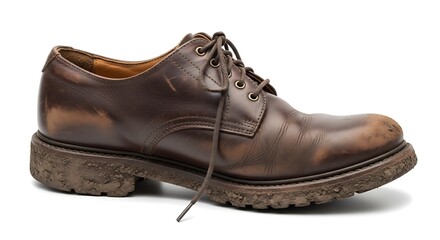 Shoe, dirty worn brown leather