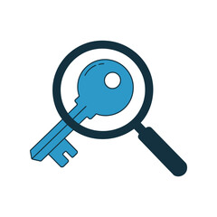 Magnifying glass focuses on a large blue key, representing search and discovery.