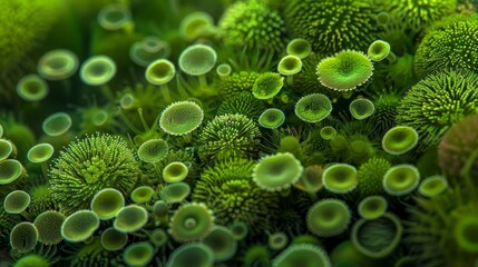 Close-up view of green microscopic organisms of algae cells, creating an abstract and organic pattern ideal for backgrounds.