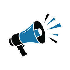 A blue and black megaphone is making noise against a white background.