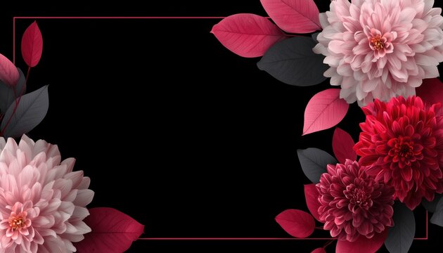 Abstract Black And Red Flowers With Light Pink Flower Frame And Pink Leaves In A Dark And Romantic Valentine'S Day Love Theme.