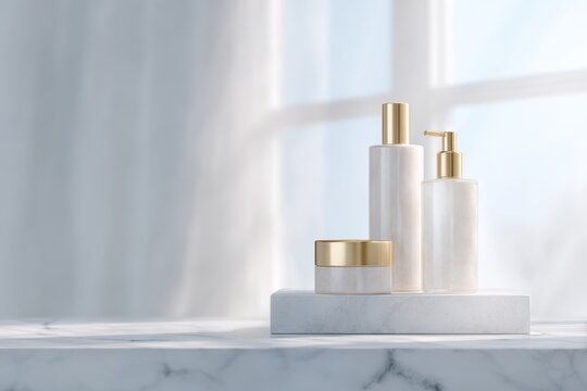 21. luxury skincare products on marble pedestal, modern vibe, natural window light, clean background for typography, ideal for commercial use