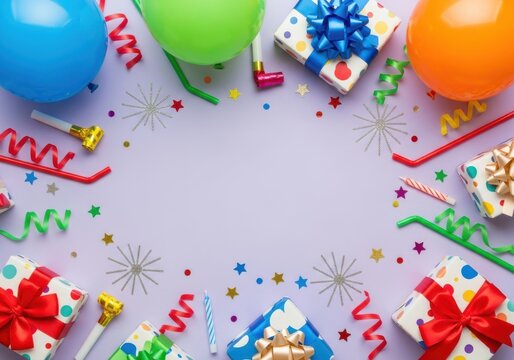 Vibrant birthday party flat lay with colorful balloons, gift boxes, confetti, streamers, and party blowers, creating a festive and joyful celebration background