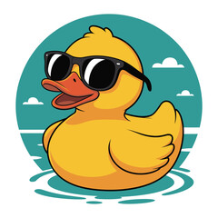 A cool rubber ducky wearing sunglasses floats in water.