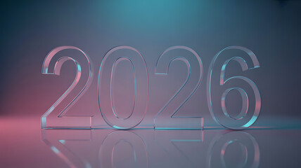 A futuristic and glowing 3d rendering of the year 2026, made of glass, illuminated with neon blue and pink lights, symbolizing the future