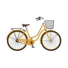 A vintage-style yellow bicycle with a basket and rack is depicted against a white background.