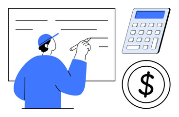 Person in a cap writing on a board, calculator, and dollar sign symbolizing budgeting, teaching, mathematics, business analysis, economic strategies, financial education, simple flat metaphor